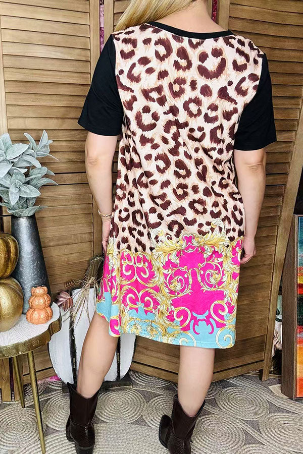 Western laides dress wholesale Leopard & Paisley printed with black short sleeves XCH13791 (BS1)